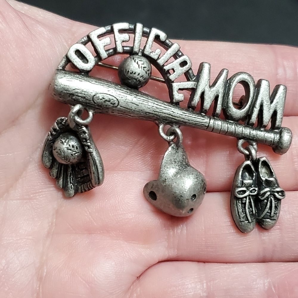 AJC silver tone mom baseball brooch